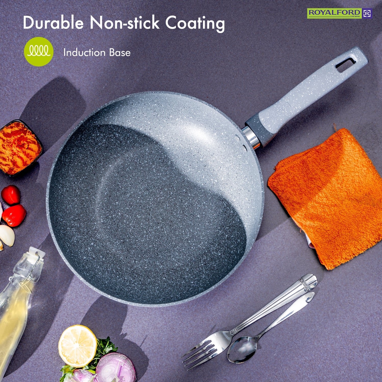 Royalford RF9841BGE 28cm Smart Wokpan|  Marble Coating |  Forged Aluminium Induction Wok featuring 3.8mm Thick Base |  Soft-Touch Handle |  PFOA & PTFE Free Cookware - Image 6