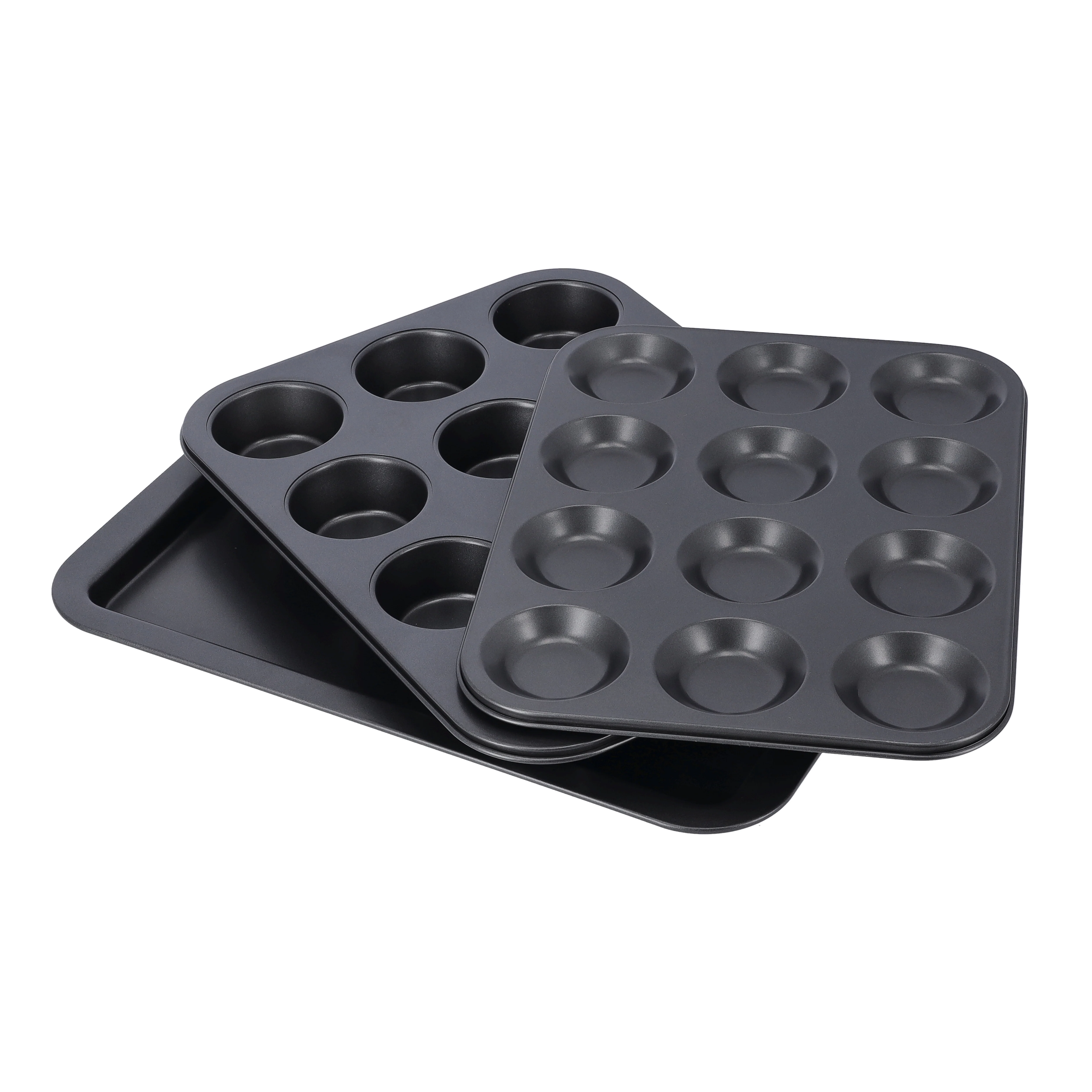 Royalford RF9899 Carbon Steel Baking Set | 3-Piece Non-Stick Cookie Sheet | 12-Cup Muffin Pan & 12-Cup Bun Tin | Oven Safe up to 220°C | Premium Non-Stick Coating - Image 2