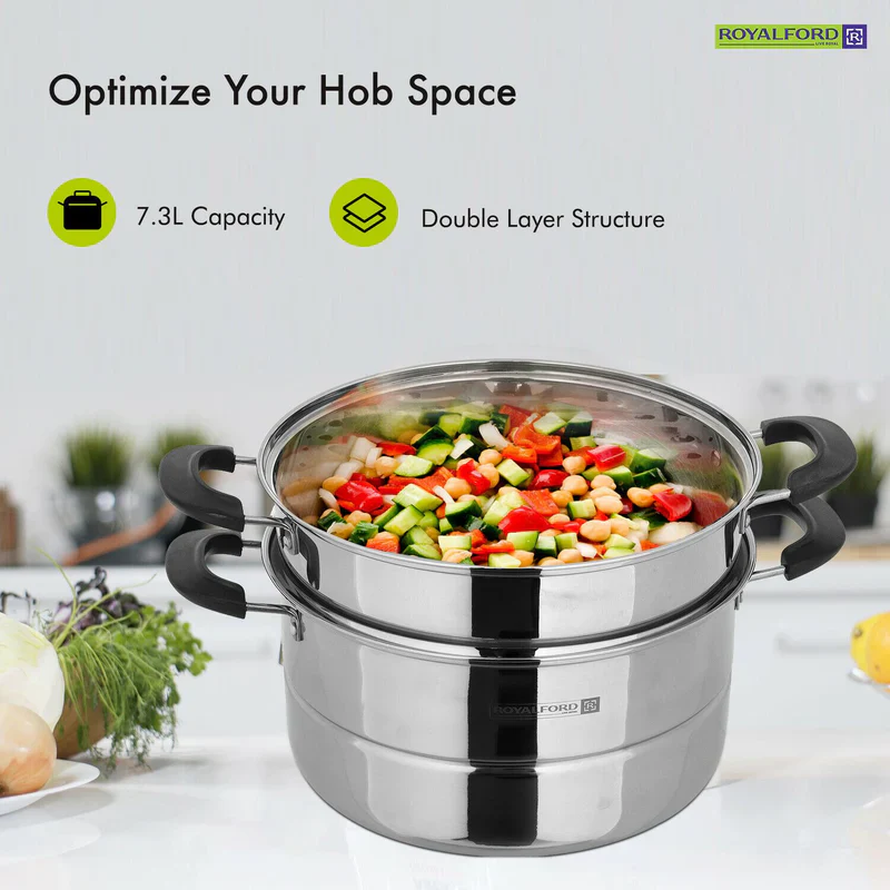 Royalford RF9948 Double Layer Stainless Steel Steamer Pot 7.3L | Premium Mirror-Finish| Multi-Purpose 2-Tier Steamer|Heat-Resistant Handles| Induction Compatible Design - Image 3