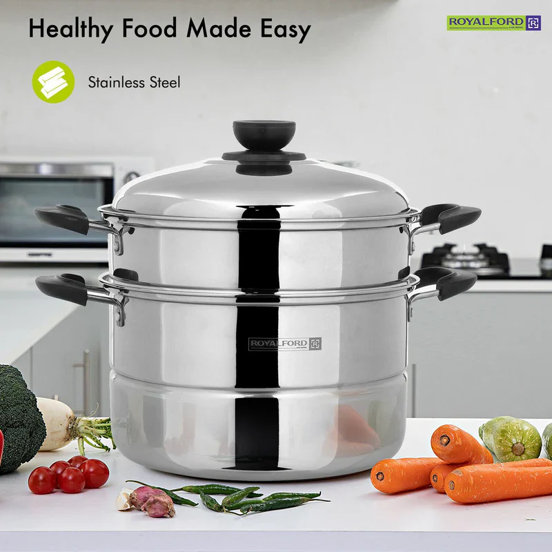 Royalford RF9948 Double Layer Stainless Steel Steamer Pot 7.3L | Premium Mirror-Finish| Multi-Purpose 2-Tier Steamer|Heat-Resistant Handles| Induction Compatible Design - Image 4