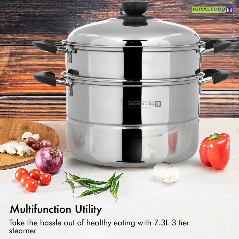 Royalford RF9948 Double Layer Stainless Steel Steamer Pot 7.3L | Premium Mirror-Finish| Multi-Purpose 2-Tier Steamer|Heat-Resistant Handles| Induction Compatible Design - Image 5