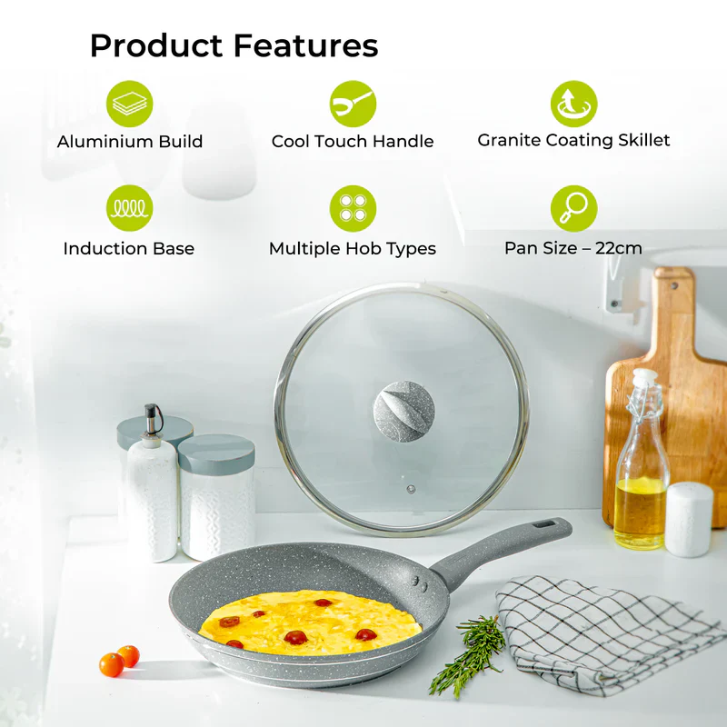 Royalford RF9951 Smart Granite Series Frypan | 5-Layer Non-Stick Coating| Forged Aluminium Body| Tempered Glass Lid & Induction Compatible Thick Base Cooking Pan - Image 2