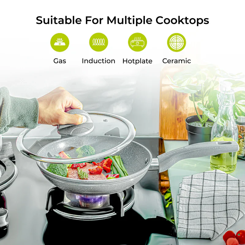 Royalford RF9951 Smart Granite Series Frypan | 5-Layer Non-Stick Coating| Forged Aluminium Body| Tempered Glass Lid & Induction Compatible Thick Base Cooking Pan - Image 5