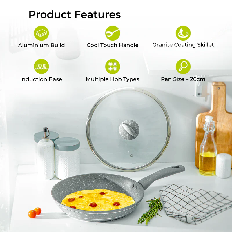 Royalford RF9954 Smart Granite Series 28cm Frypan with Lid | 5 Layer Granite Coating| Forged Aluminium Body| 3.8mm Induction Base| Soft-Touch Handle| Induction Compatible - Image 2