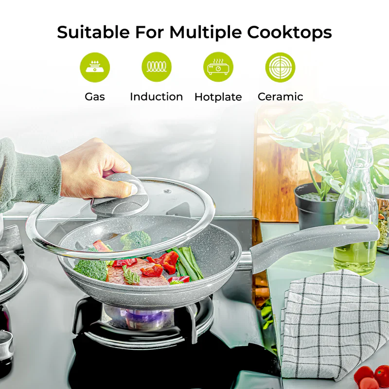 Royalford RF9954 Smart Granite Series 28cm Frypan with Lid | 5 Layer Granite Coating| Forged Aluminium Body| 3.8mm Induction Base| Soft-Touch Handle| Induction Compatible - Image 5