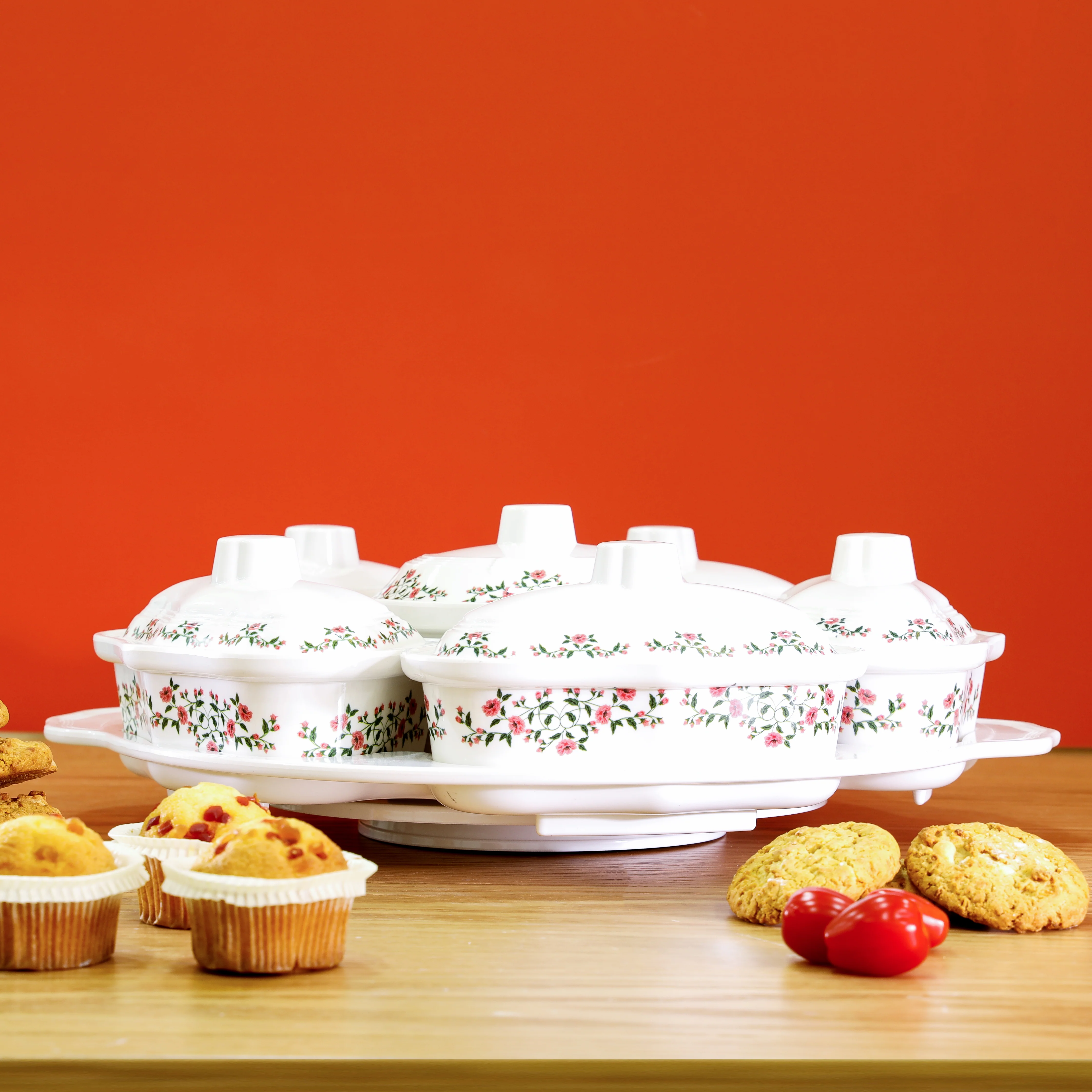 Royalford RF9993 14-Piece Revolving Serving Tray Set | Premium Melamine Floral Design | 2-Tier Rotating Tray with Side & Centre Bowls + Lids | Ideal for Parties & Dining - Image 2