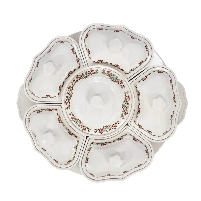Royalford RF9993 14-Piece Revolving Serving Tray Set | Premium Melamine Floral Design | 2-Tier Rotating Tray with Side & Centre Bowls + Lids | Ideal for Parties & Dining - Image 3