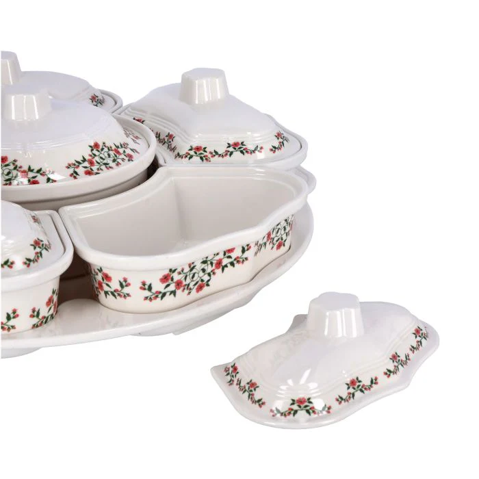 Royalford RF9993 14-Piece Revolving Serving Tray Set | Premium Melamine Floral Design | 2-Tier Rotating Tray with Side & Centre Bowls + Lids | Ideal for Parties & Dining - Image 4