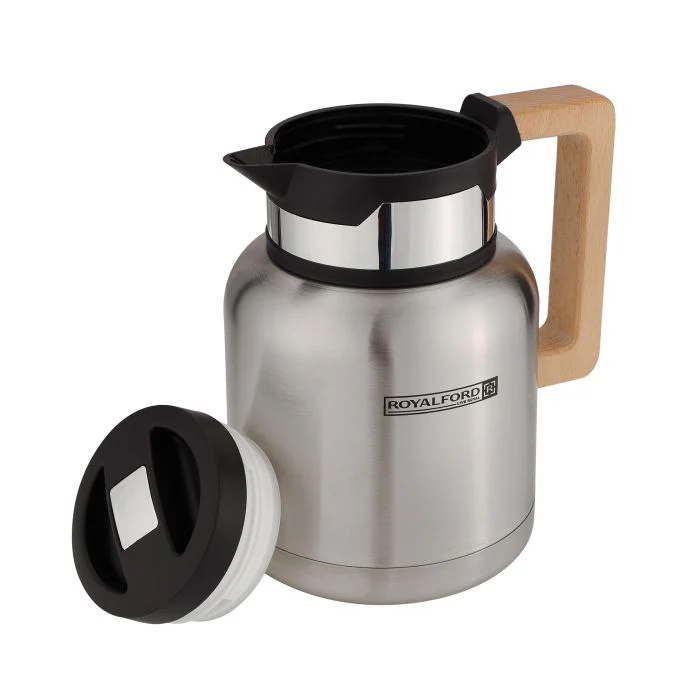 Royalford Stainless Steel Vacuum Jug with Wooden Handle, 1L, RF10169 | Thermal Insulated Airpot | Keep Drinks Hot & Cold up to Hours | Portable & Leak Proof Thermal Flask - Image 2